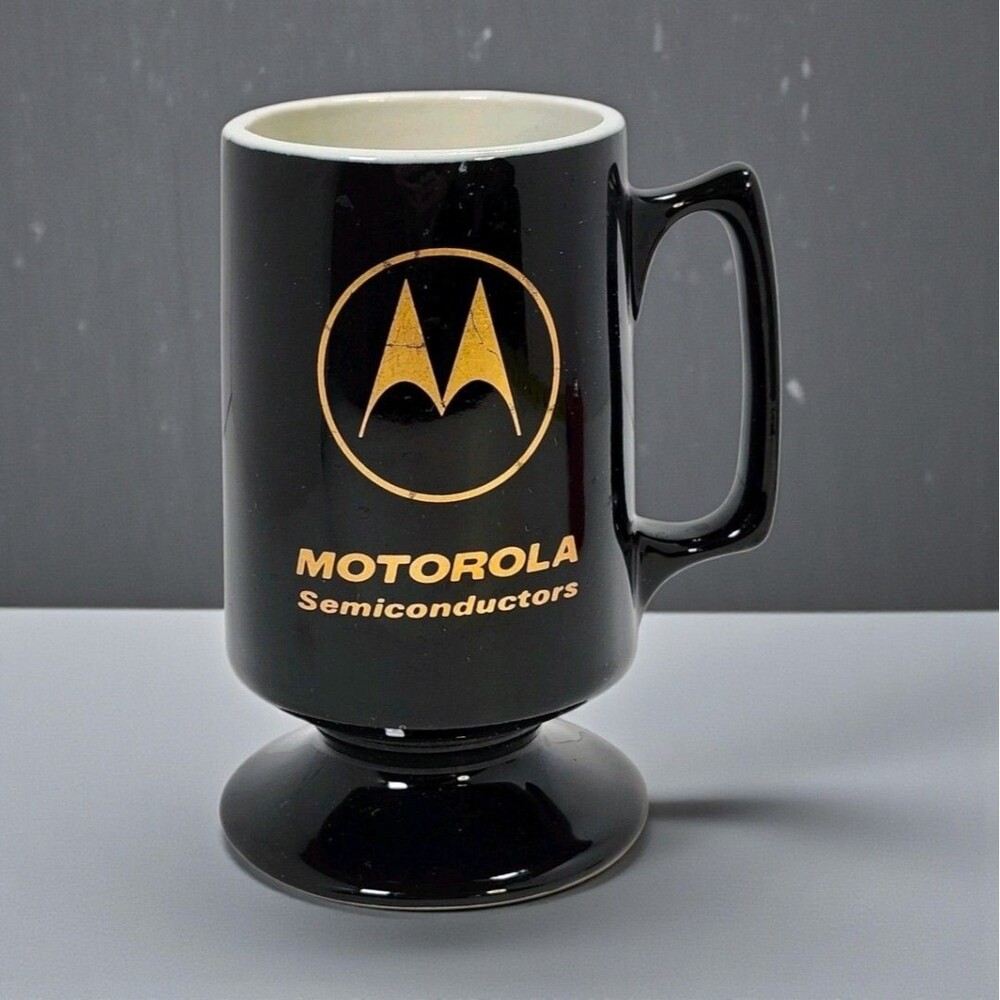 Vintage Motorola Semiconductors Hall USA Pedestal Mug Black Gold MCM Rare